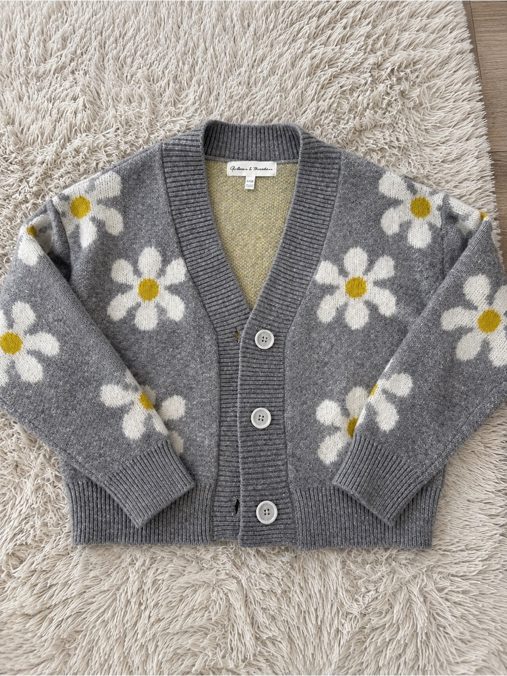 Chelsea & Theodore Grey Daisy Knit Cardigan with Yellow Centers